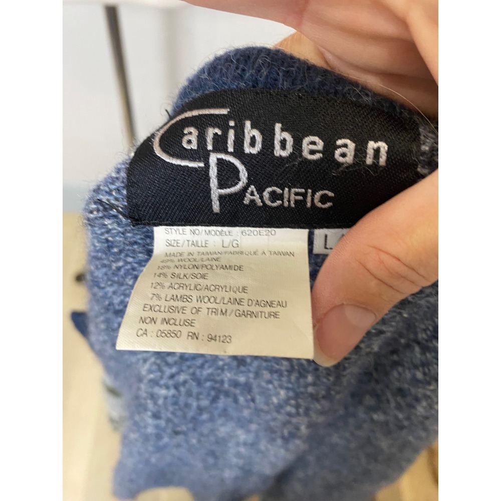 Caribbean Pacific Vintage 80s 90s Scenic Cottagecore Wool Silk Cardigan Blue L - Picture 8 of 8